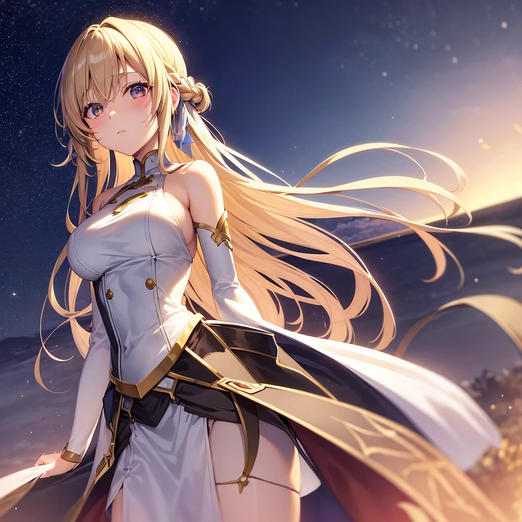 Highest quality, masterpiece, Ultra-high resolution, (Reality: 1.4), Original photo, 3d models & 3d anime, battlefield background, white skirt, blonde hair, female knight armor, white armor, White knight armor, long hair, bangs, white cloak, standing position, white underwear, white panties, skirt turned up, panty shots, blushing, glaring, medium length skirt, pounce pose, Blonde, ponytail, White knight armor, White Skirt, White Cape, White underwear, White panties, Skirt flipped up, Panty shot, blush, Glaring