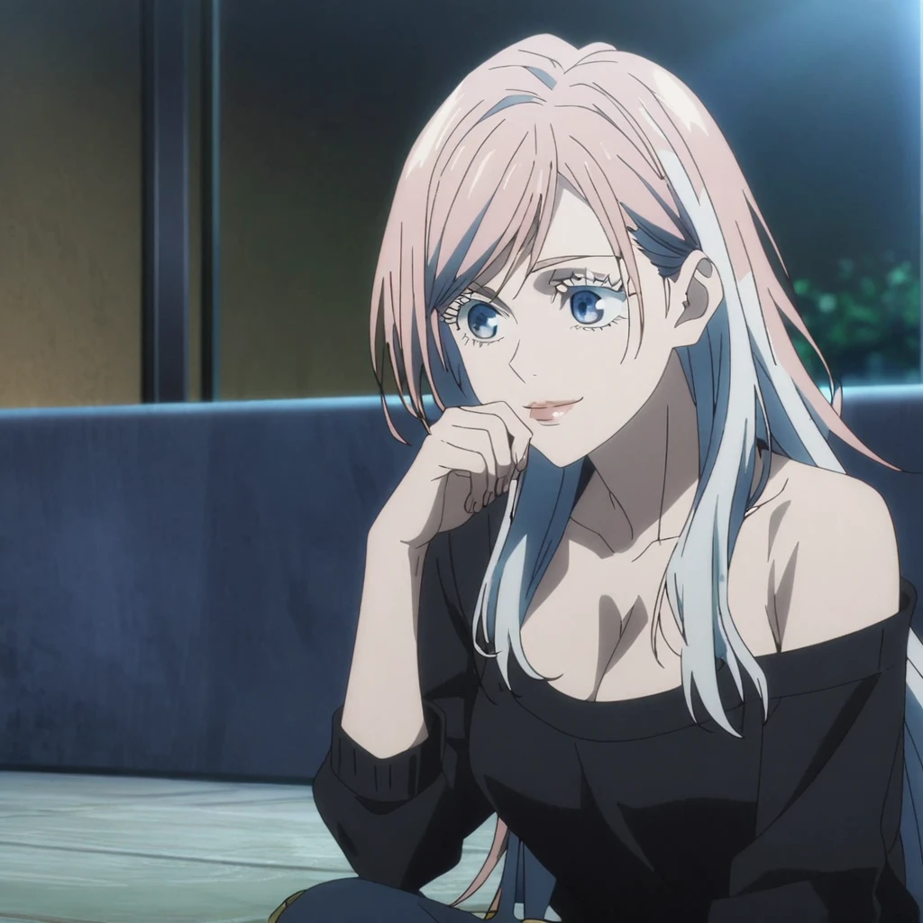 1girl, female gojo satoru, anime screencap from jujutsu kaisen, gojo satoru female version, solo, very long_hair, ((smooth texture hair)) blue eyes, ((white eyelashes)), ((very long white_hair)), night view, breasts, upper_body, smile, indoors, book, bangs, blue_eyes, lips, (wearing round sunglasses) (( ver y long hair, swept bangs)) wearing black color sweater off the shoulder, breast, "very detailed and high resolution" (blue eyes) ((one hand on the chin))  ((smooth texture hair)) ((solo)) ((high resolution)) ((upper body)) (Good quality)  cleavage, (sitting)