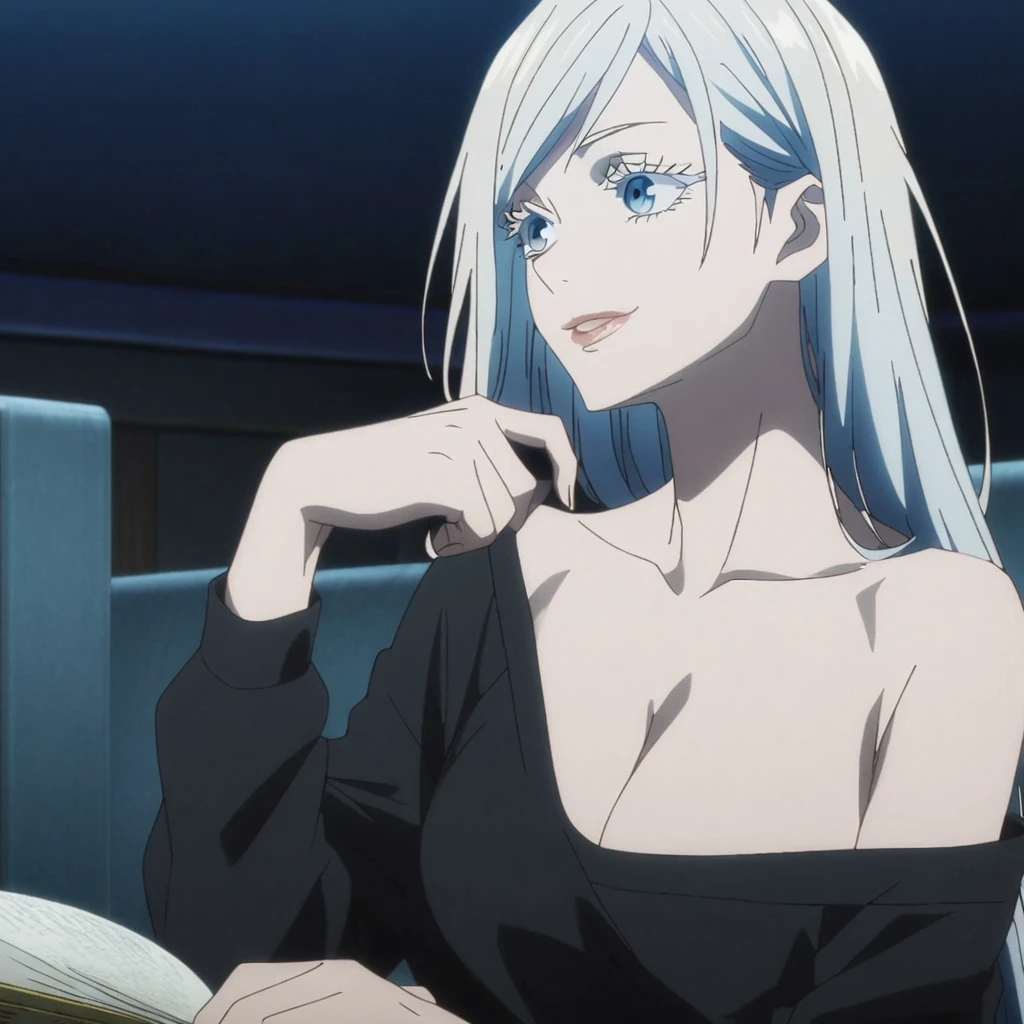 1girl, female gojo satoru, anime screencap from jujutsu kaisen, gojo satoru female version, solo, very long_hair, ((smooth texture hair)) blue eyes, ((white eyelashes)), ((very long white_hair)), night view, breasts, upper_body, smile, indoors, book, bangs, blue_eyes, lips, (wearing round sunglasses) (( ver y long hair, swept bangs)) wearing black color sweater off the shoulder, breast, "very detailed and high resolution" (blue eyes) ((one hand on the chin))  ((smooth texture hair)) ((solo)) ((high resolution)) ((upper body)) (Good quality)  cleavage, (sitting)