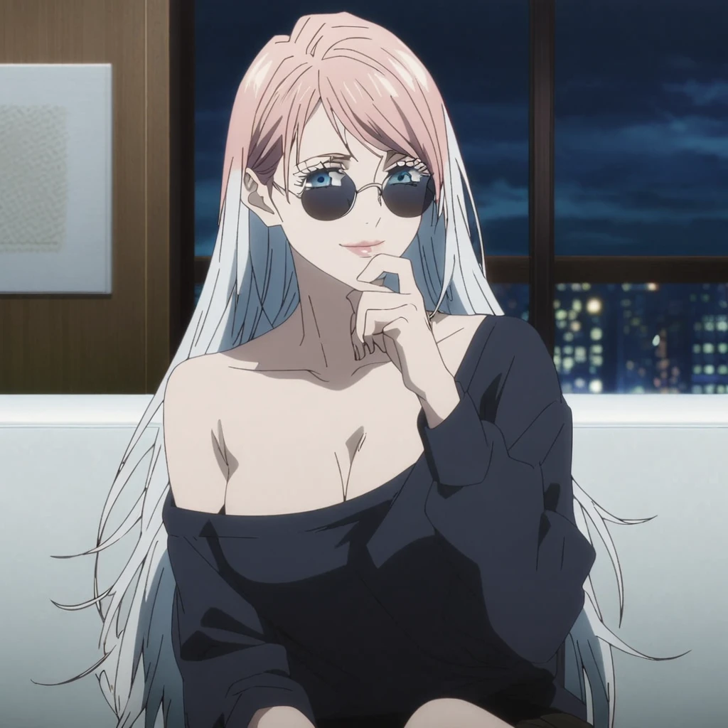 1girl, female gojo satoru, anime screencap from jujutsu kaisen, gojo satoru female version, solo, very long_hair, ((smooth texture hair)) blue eyes, ((white eyelashes)), ((very long white_hair)), night view, breasts, upper_body, smile, indoors, book, bangs, blue_eyes, lips, (wearing round sunglasses) (( ver y long hair, swept bangs)) wearing black color sweater off the shoulder, breast, "very detailed and high resolution" (blue eyes) ((one hand on the chin)) ((smooth texture hair)) ((solo)) ((high resolution)) ((upper body)) (Good quality) cleavage, (sitting)