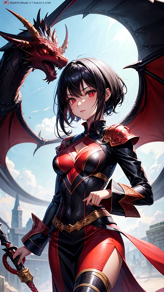 Book cover of a Black haired anime girl with red dragon like eyes