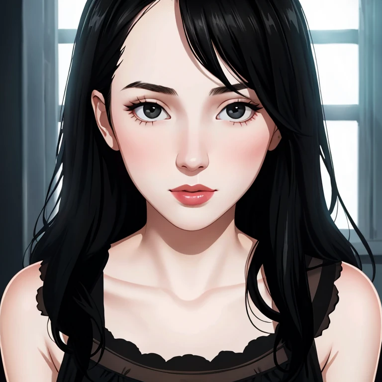 beautiful girl with realistic black eyes, pale skin, mid-length black hair, cum on perfect face, perfect eyes, wearing sheet sundress, highly detailed, comprehensive cinematic, digital painting, 8k, cinematic lighting, best quality, highres, detailed work, post-processing, perfect result, hyper realistic