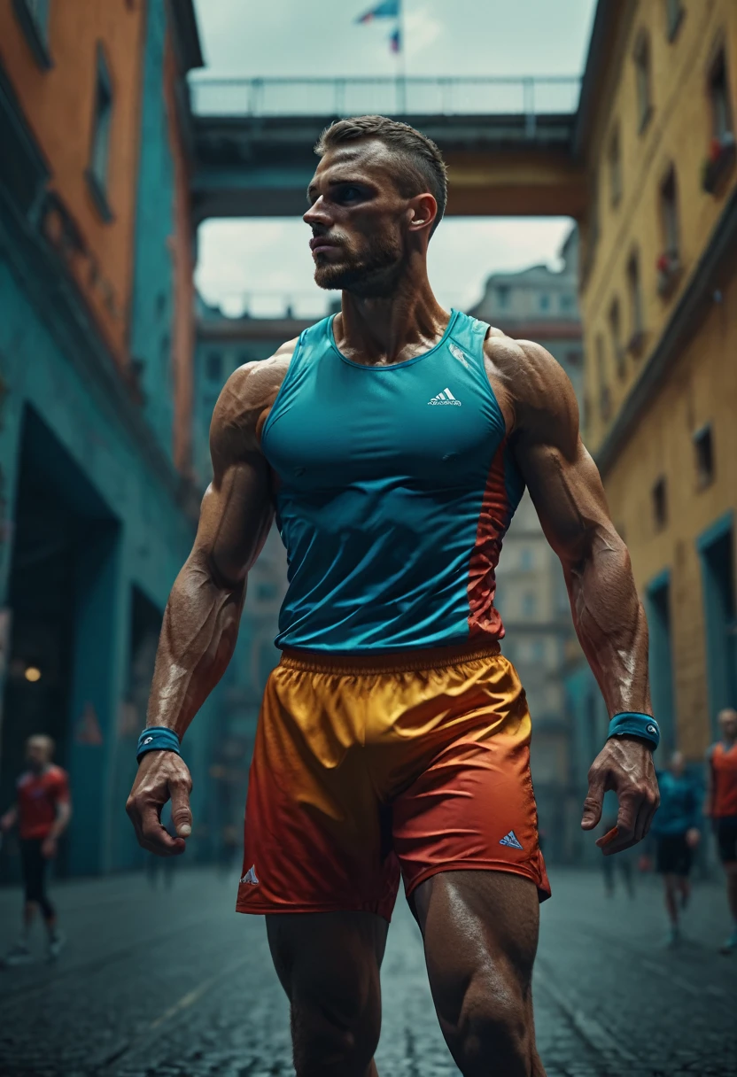 Athlete, Athlete dressed, by Michal Kváč, full body, cinematic still, cinemascope, best quality, masterpiece, very aesthetic, perfect composition, intricate details, ultra-detailed, vivid colors