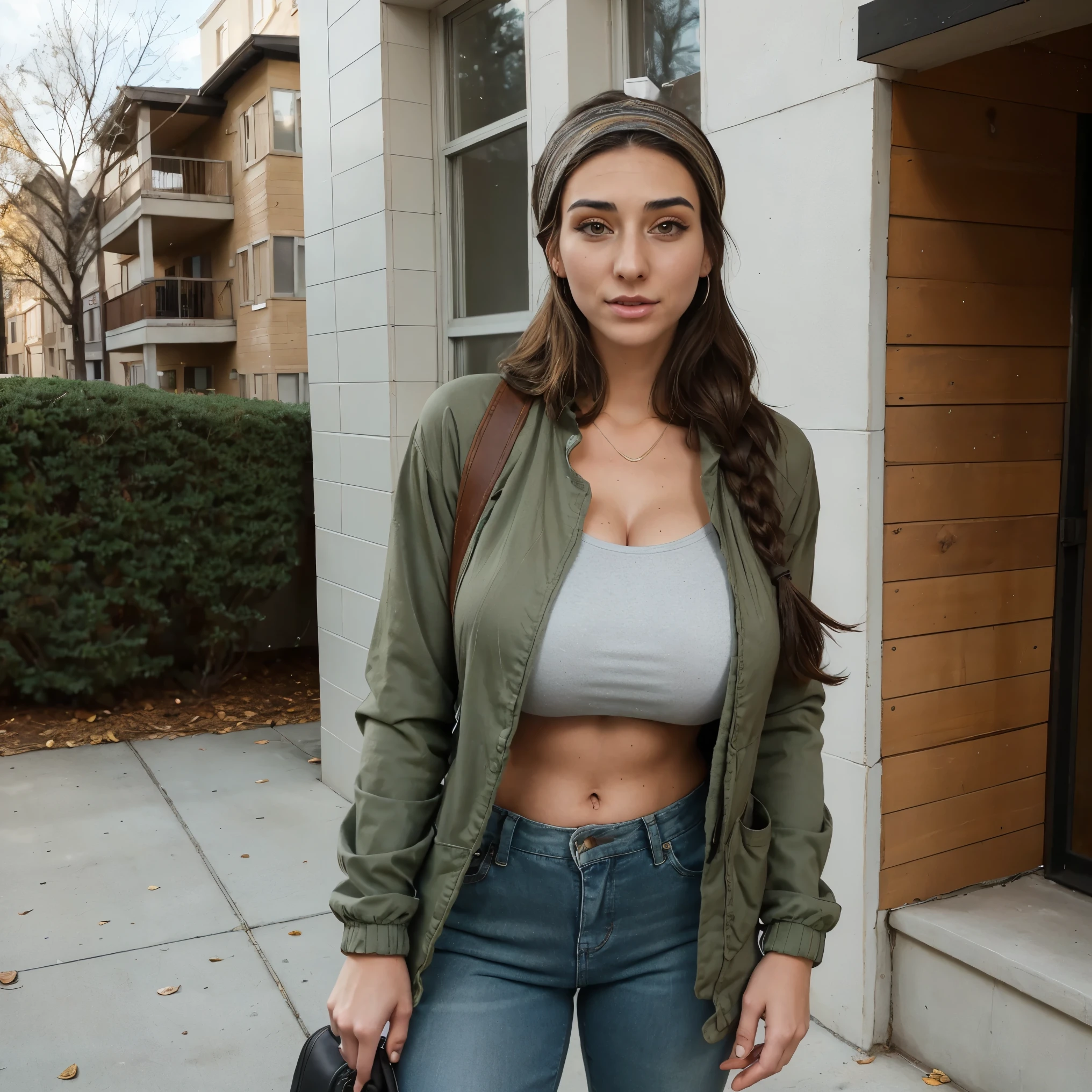 Extremely busty thin and toned brunette photographer, college girl, fair skin, loose side braid, soft face, athletic, bandana babushka headwrap, tight olive green casual windbreaker, skinny jeans. standing in front of her apartment building, outdoors, city, camera bag, cleavage