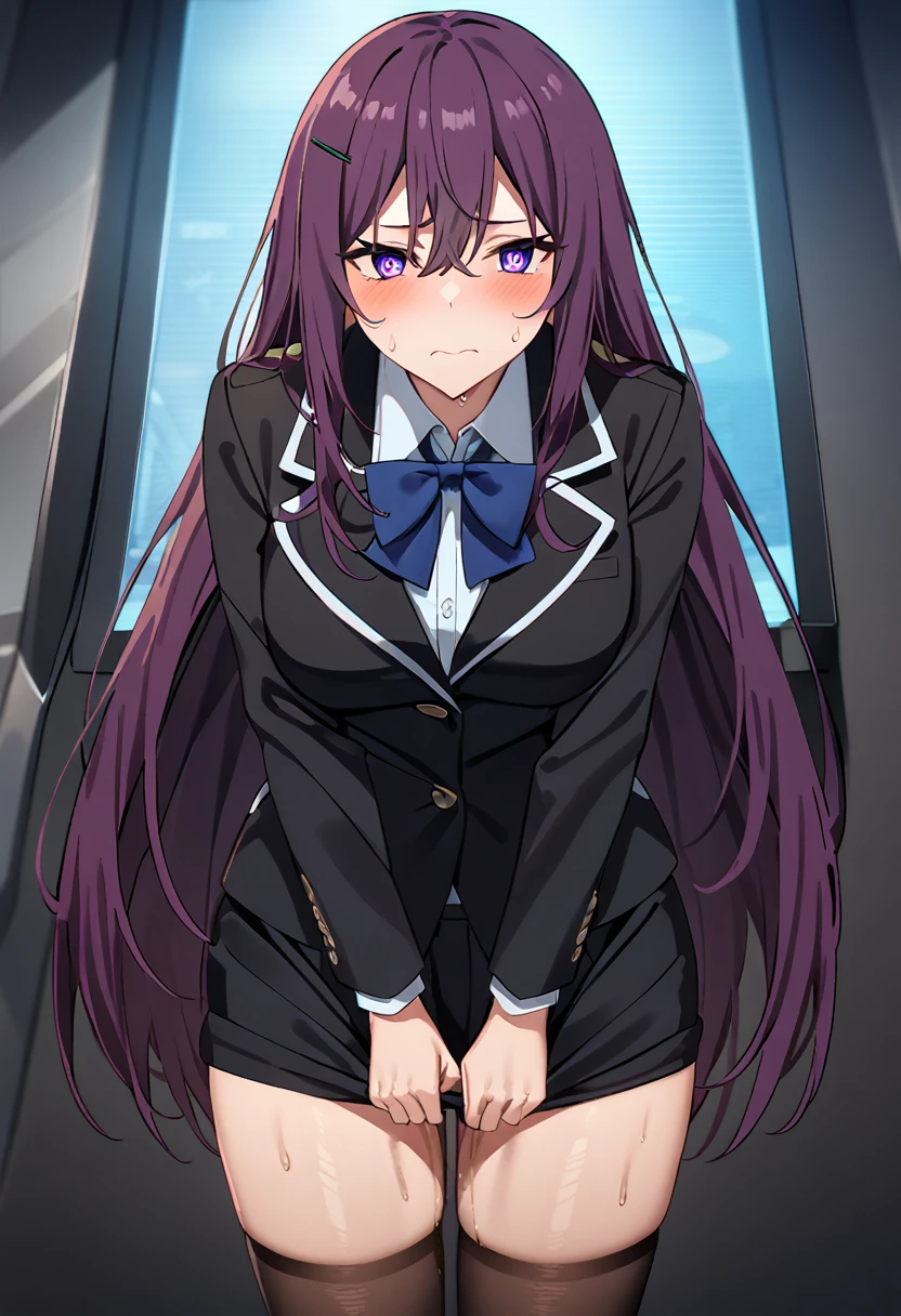 (masterpiece:1.37), best quality, (extremely detailed:1.37), woman, adult, mature, large breasts, (very long hair:1.5), dark purple hair, purple eyes, (extremely detailed eyes:1.37), business suit, necktie, (pencil skirt:1.5), pantyhose, (desperation:2.0), (wetting: self 3.0), standing, embarrassed, humiliation, blushing, angry, city, futuristic, neon lighting, high-tech