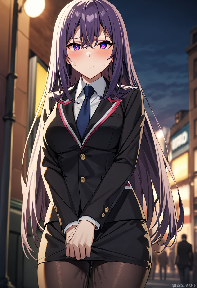 (masterpiece:1.37), best quality, (extremely detailed:1.37), woman, adult, mature, large breasts, (very long hair:1.5), dark purple hair, purple eyes, (extremely detailed eyes:1.37), business suit, necktie, (pencil skirt:1.5), pantyhose, (desperation:2.0), (wetting: self 3.0), standing, embarrassed, humiliation, blushing, angry, city, futuristic, neon lighting, high-tech