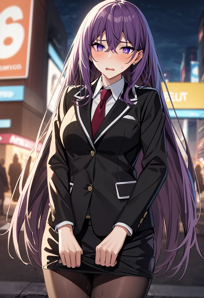 (masterpiece:1.37), best quality, (extremely detailed:1.37), woman, adult, mature, large breasts, (very long hair:1.5), dark purple hair, purple eyes, (extremely detailed eyes:1.37), business suit, necktie, (pencil skirt:1.5), pantyhose, (desperation:2.0), (wetting: self 3.0), standing, embarrassed, humiliation, blushing, angry, city, futuristic, neon lighting, high-tech