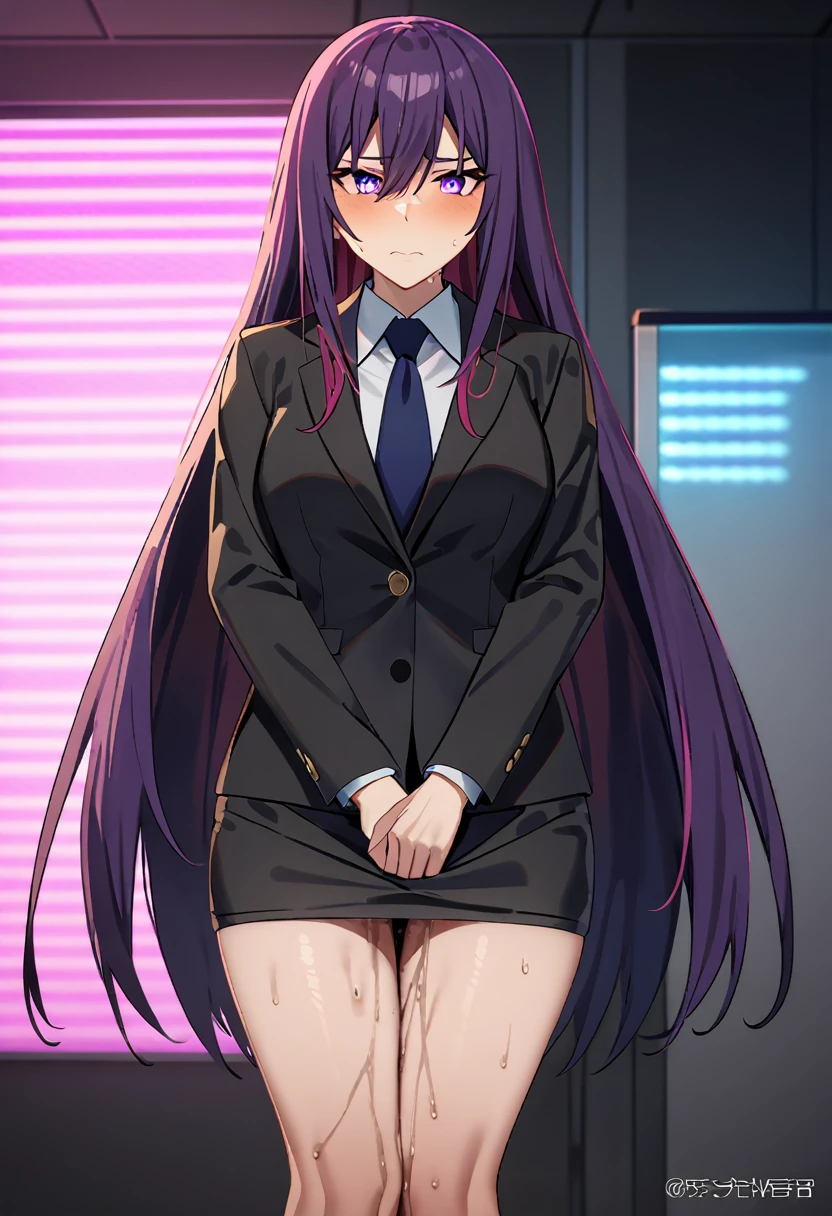 (masterpiece:1.37), best quality, (extremely detailed:1.37), woman, adult, mature, large breasts, (very long hair:1.5), dark purple hair, purple eyes, (extremely detailed eyes:1.37), business suit, necktie, (pencil skirt:1.5), pantyhose, (desperation:2.0), (wetting: self 3.0), standing, embarrassed, humiliation, blushing, angry, city, futuristic, neon lighting, high-tech