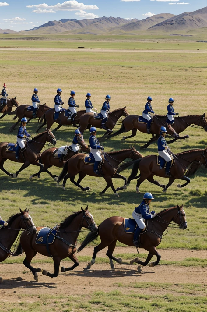"A group of Argentine grenadiers, dressed in their signature dark blue uniforms with red and gold details, They are riding on horses in an open field landscape. The grenadiers wear their tall, plumed helmets and are armed with spears and sabers., showing an expression of determination and courage. The guinea pigs, smaller than horses, They look robust and agile, adapted to move quickly over rugged terrain. The sky is clear with some white clouds, and the sun illuminates the scene, highlighting the vibrant colors of the uniforms and the surrounding vegetation."