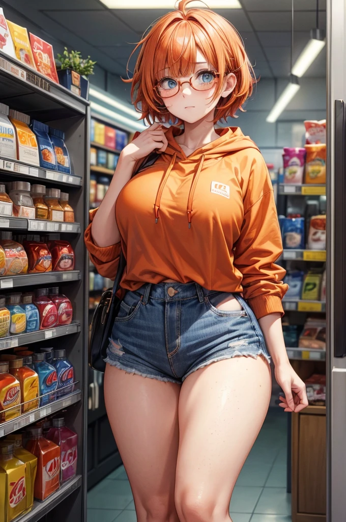 Solo, 1Female, (Short Fluffy Messy Hair, Bobcut with Long Sideburns, Red/Orange Hair Colour), Blue Eyes, Cute Face, ((Freckles on Cheeks)), Average Breasts, Wide Hips, Thick Thighs, Curvy Figure, Reddish-Orange Long Hoodie, Tight Blue Jeans, ((Thin Cute Glasses)), Timid Expression, Soft Blush, Timid Pose, ((Standing in Convenience Store)), (Masterpiece, 4K Quality, Perfect Anatomy, Perfect Hands)