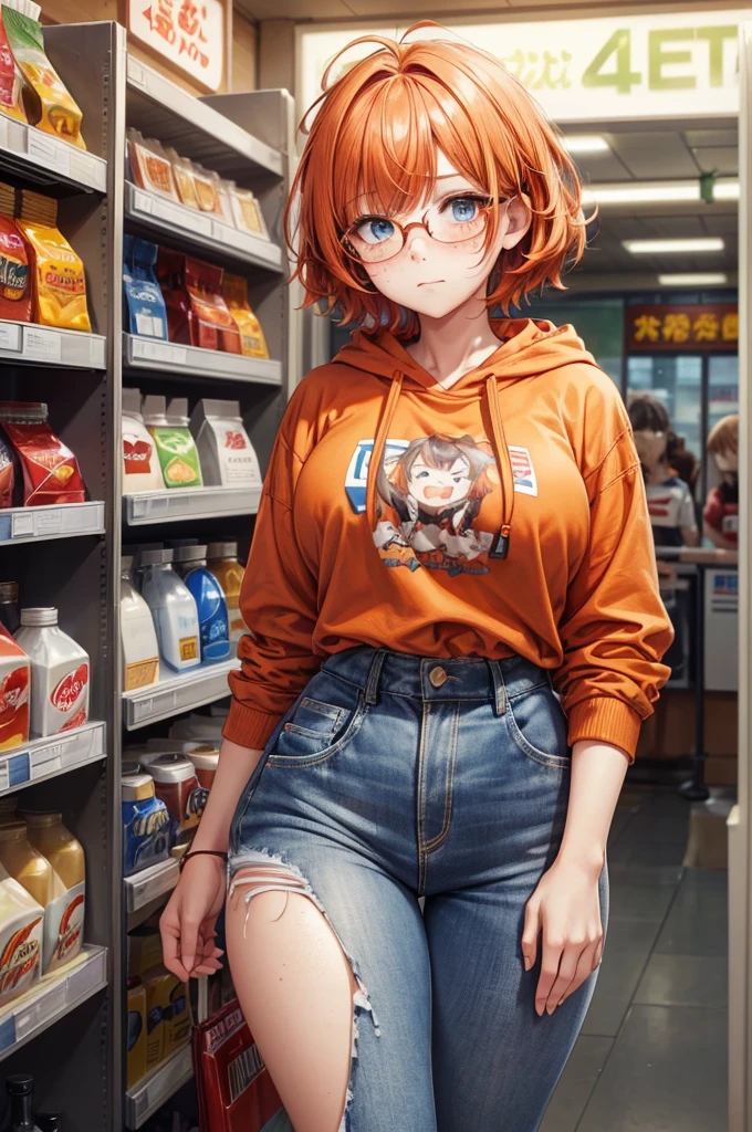 Solo, 1Female, (Short Fluffy Messy Hair, Bobcut with Long Sideburns, Red/Orange Hair Colour), Blue Eyes, Cute Face, ((Freckles on Cheeks)), Average Breasts, Wide Hips, Thick Thighs, Curvy Figure, Reddish-Orange Long Hoodie, Tight Blue Jeans, ((Thin Cute Glasses)), Timid Expression, Soft Blush, Timid Pose, ((Standing in Convenience Store)), (Masterpiece, 4K Quality, Perfect Anatomy, Perfect Hands)