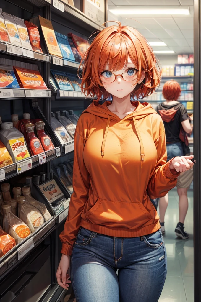 Solo, 1Female, (Short Fluffy Messy Hair, Bobcut with Long Sideburns, Red/Orange Hair Colour), Blue Eyes, Cute Face, ((Freckles on Cheeks)), Average Breasts, Wide Hips, Thick Thighs, Curvy Figure, Reddish-Orange Long Hoodie, Tight Blue Jeans, ((Thin Cute Glasses)), Timid Expression, Soft Blush, Timid Pose, ((Standing in Convenience Store)), (Masterpiece, 4K Quality, Perfect Anatomy, Perfect Hands)