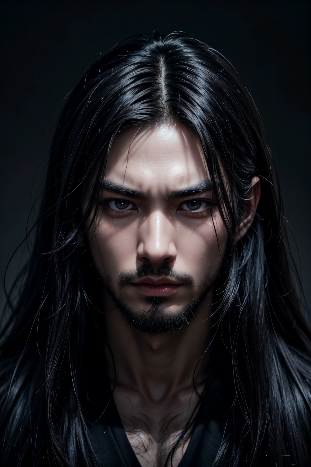A japanese asian man with very long black hair, beautiful detailed eyes, detailed small nose, detailed lips, black low beard, longeyelashes, serious expression, detailed facial features, dramatic lighting, digital art, hyper realistic, cinematic, intricate details, chiaroscuro, dark moody atmosphere, muted color palette, dramatic shadows, with black clothes