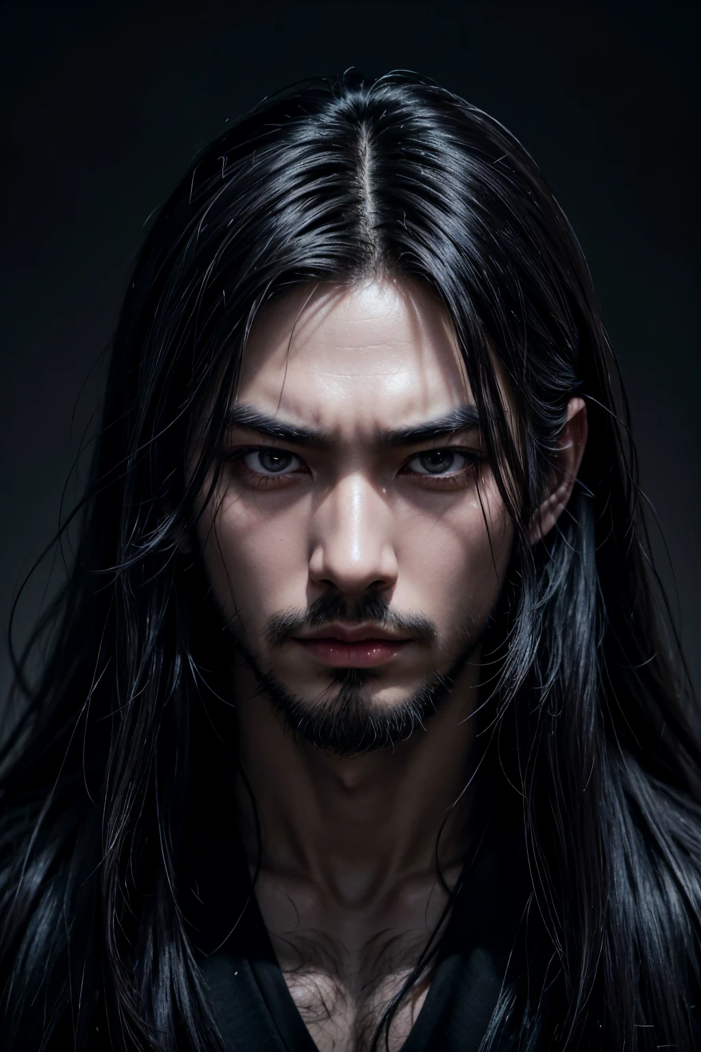A japanese asian man with very long black hair, beautiful detailed eyes, detailed small nose, detailed lips, black low beard, longeyelashes, serious expression, detailed facial features, dramatic lighting, digital art, hyper realistic, cinematic, intricate details, chiaroscuro, dark moody atmosphere, muted color palette, dramatic shadows, with black clothes