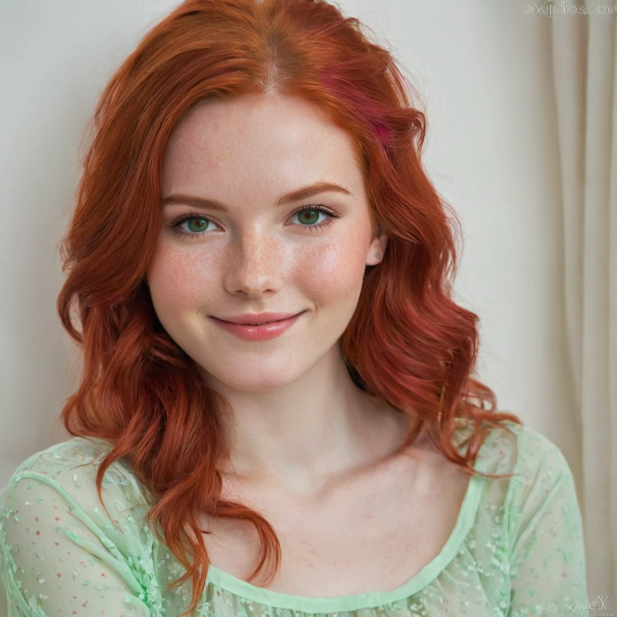 Generates an image of a young and pretty girl with red hair. Your hair should be long and wavy, with a bright and vibrant red color. His eyes are big and green, full of life and expression. has clear and soft skin, with light freckles on the nose and cheeks that give it a charming touch. His face is symmetrical with delicate features: pink and full lips, a small, straight nose, and well defined eyebrows. She is smiling warmly and attractively. Wear a light and casual blouse in pastel tones, that complements your fresh and youthful appearance. The scene must be illuminated with natural light, highlighting its beauty and giving it a happy and positive appearance