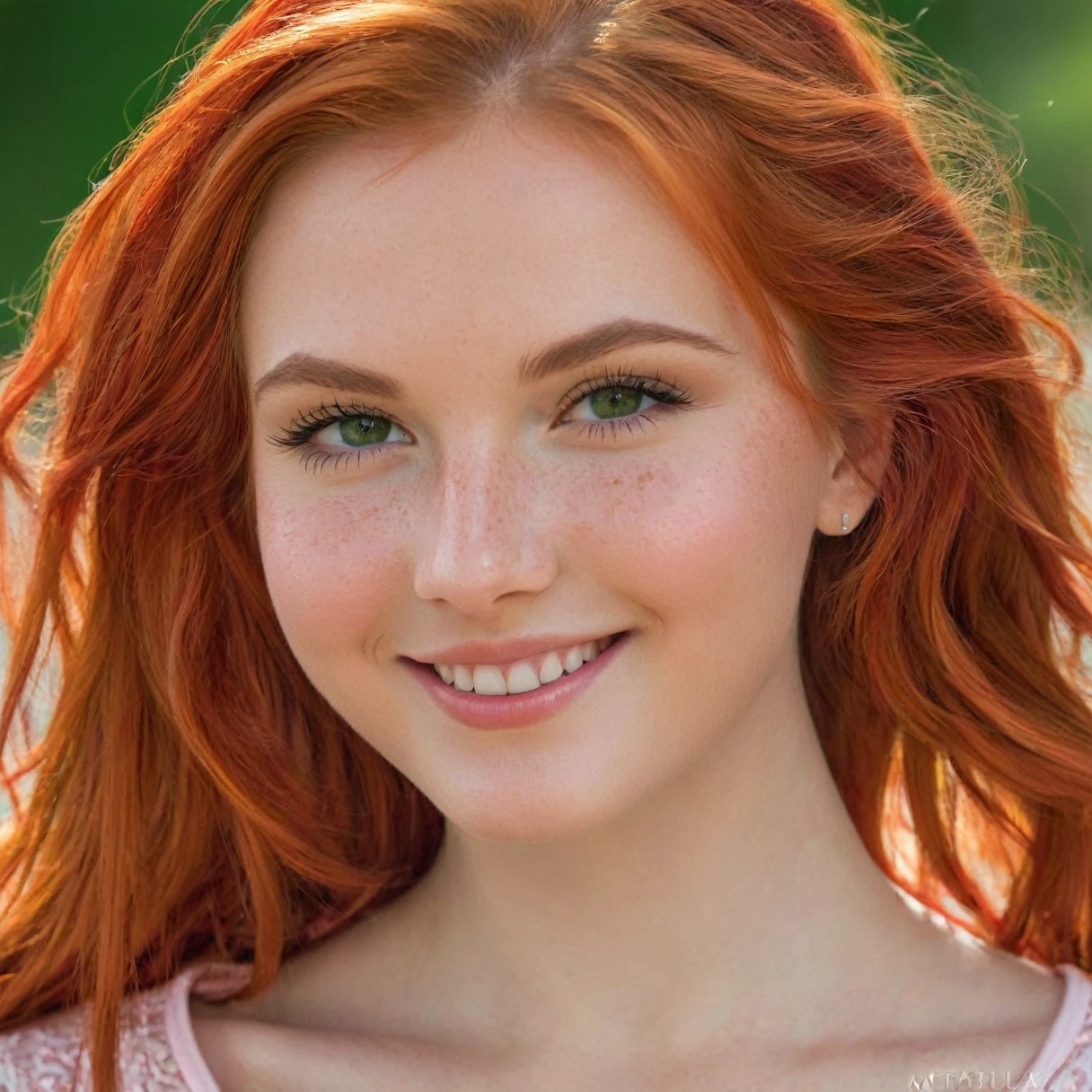 Generates an image of a young and pretty girl with red hair. Your hair should be long and wavy, with a bright and vibrant red color. His eyes are big and green, full of life and expression. has clear and soft skin, with light freckles on the nose and cheeks that give it a charming touch. His face is symmetrical with delicate features: pink and full lips, a small, straight nose, and well defined eyebrows. She is smiling warmly and attractively. Wear a light and casual blouse in pastel tones, that complements your fresh and youthful appearance. The scene must be illuminated with natural light, highlighting its beauty and giving it a happy and positive appearance