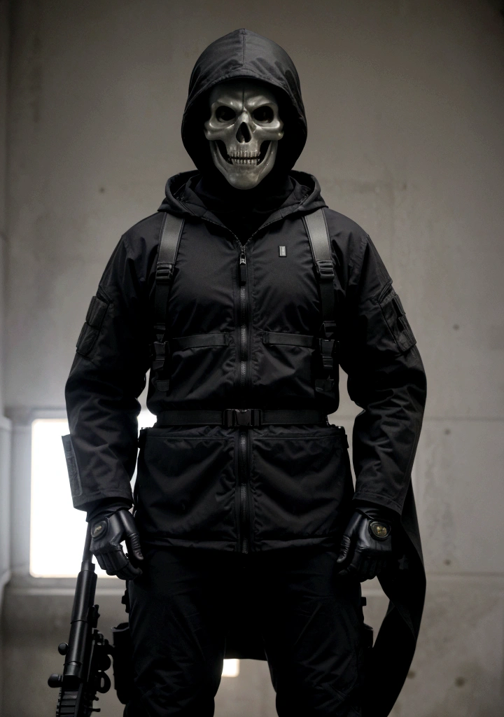 ultra HD, 4K, ultra detaild, cinematic, a photograph of Simon Ghost Riley a man in a skeleton mask containment a rifle modern warfare style,standing alone,mitts,1 young boy,containment,Missiles,male focus,Hooded cape,fabric,containment Missiles,missiles,military,mask,containment missiles,rifle,skull,assault rifle,scoping,skull mask, epic, beautiful lighting, inspiring realistic front camera 