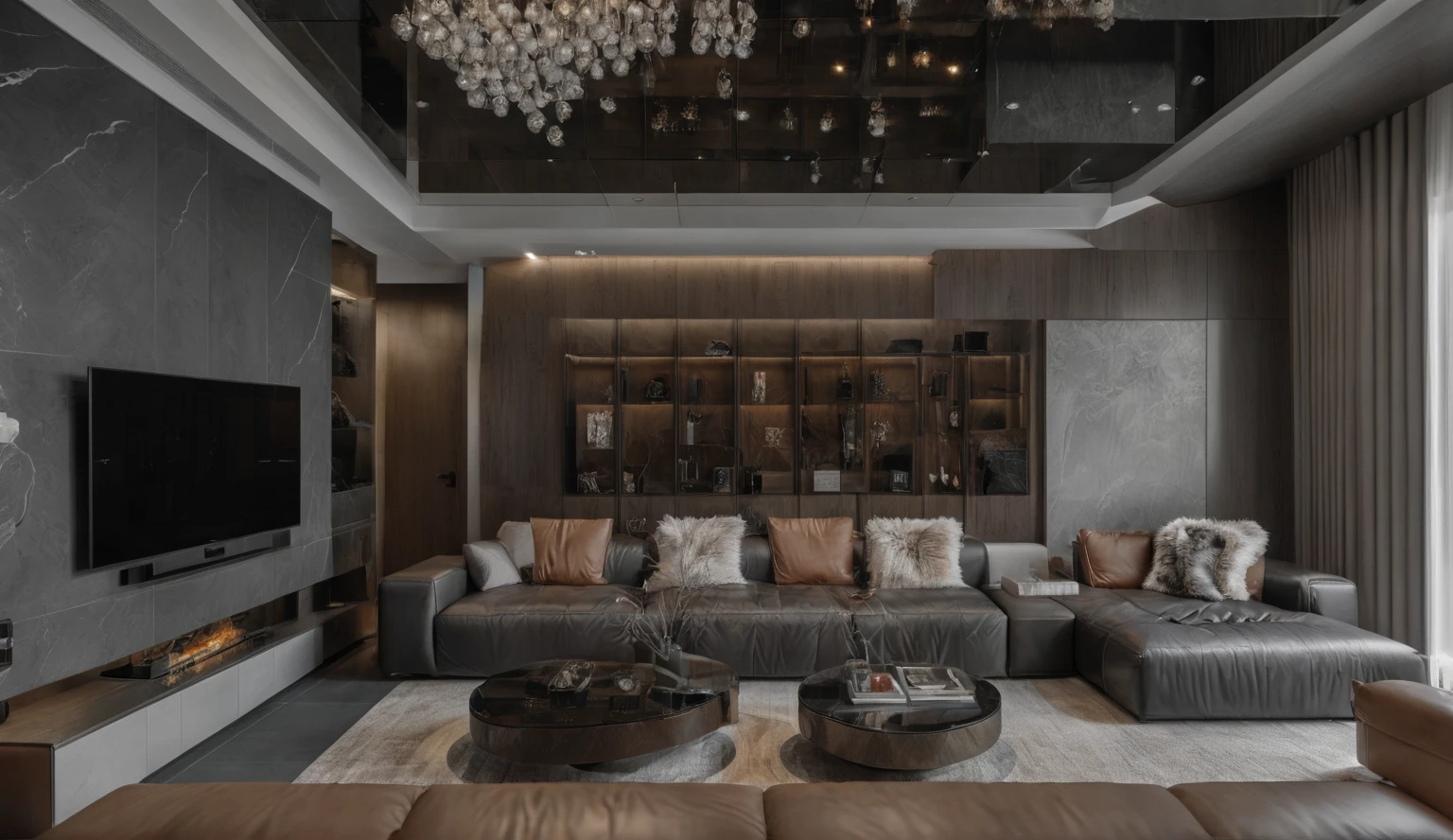 Raw photo,Masterpiece, high quality, best quality, authentic, super detail,
indoors, aiaigroup, modern style, living room, couch, table, armchair, wooden shelf, (glass windows:1.2), tile floor, rug, bright tone
,(day:1.1),realistic lighting