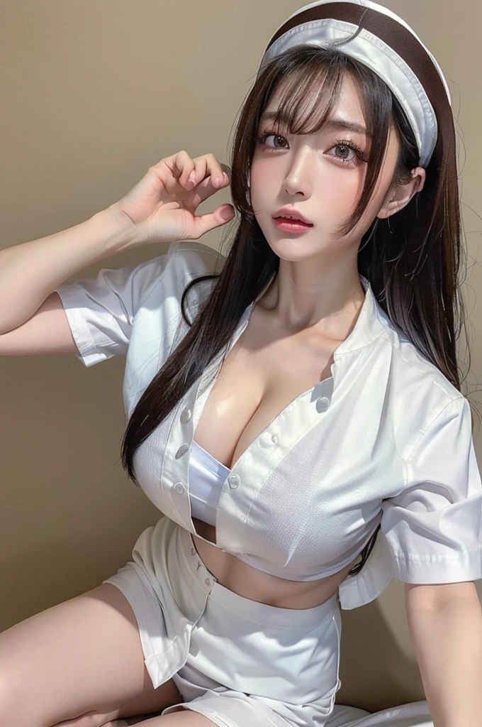 (best quality, 8K, 32,000, masterpiece, ultra high resolution:1.2),Beautiful japanese woman photo, one girl, (big bust), double eyelid, white nurse uniform,  Caucasian nurse (cap), white shirt, open shirt, hospital, ward, sexy、whole body、open your legs、in bed