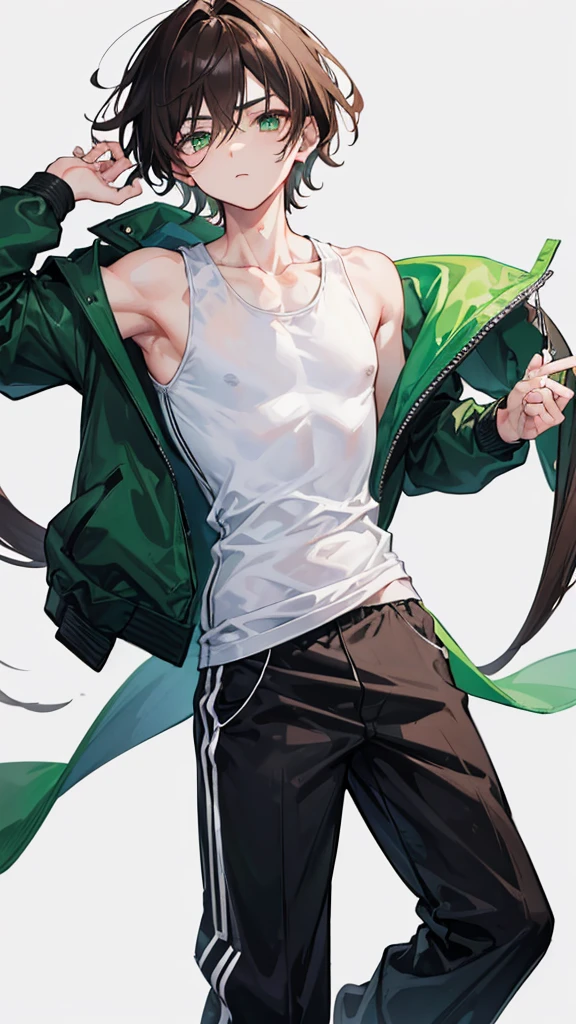 16 year old boy, 1.60 cm tall, dark green eyes, long dark brown hair, slim and muscular ,wind breaker style and long face, fighter
Anime, dressed in a white tank top and long black trousers