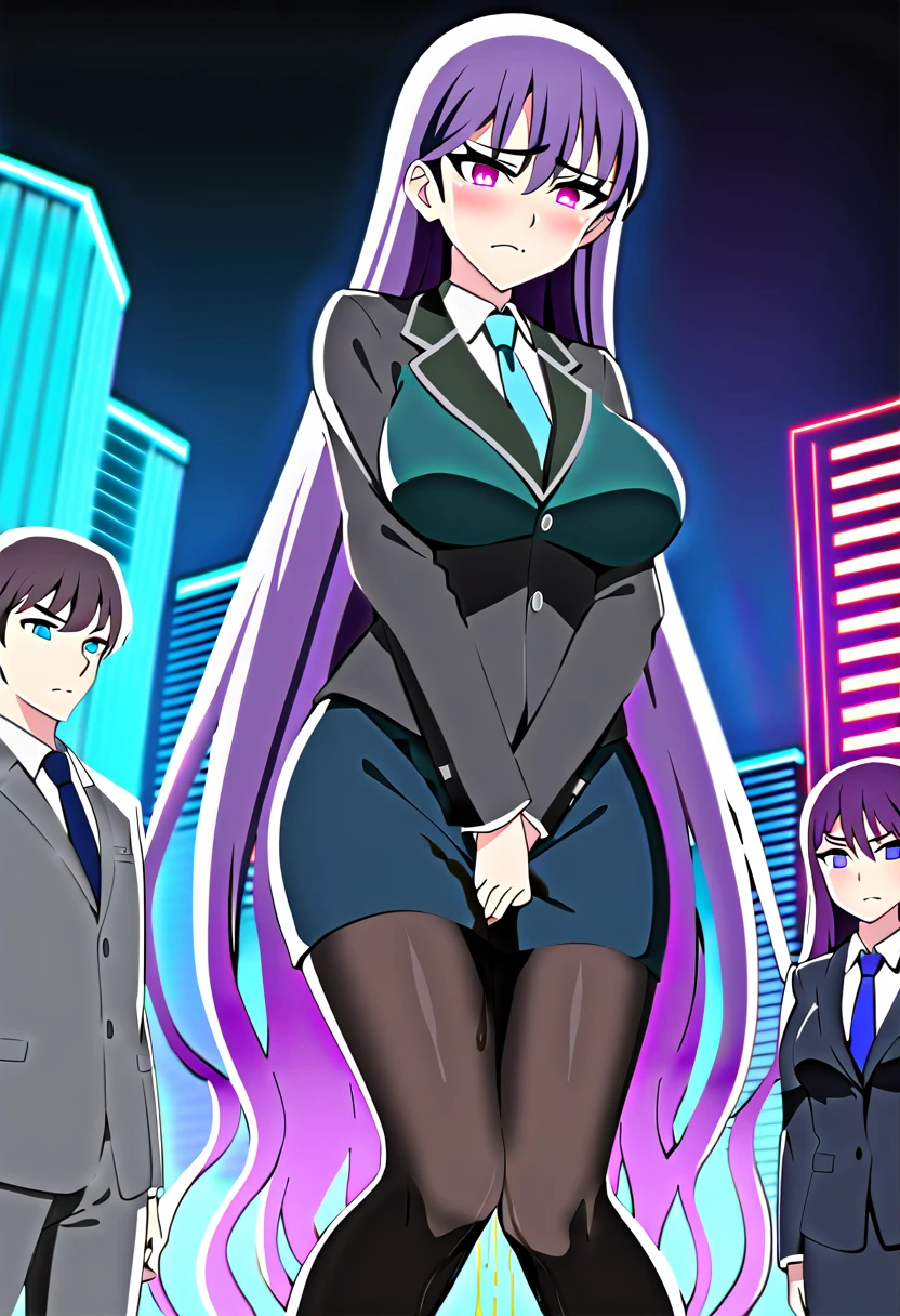 (masterpiece:1.37), best quality, (extremely detailed:1.37), woman, adult, mature, large breasts, (very long hair:1.5), dark purple hair, purple eyes, (extremely detailed eyes:1.37), business suit, necktie, long pencil skirt, pantyhose, (desperation:2.0), (wetting: self 3.0), standing, embarrassed, humiliation, blushing, angry, city, futuristic, neon lighting, high-tech