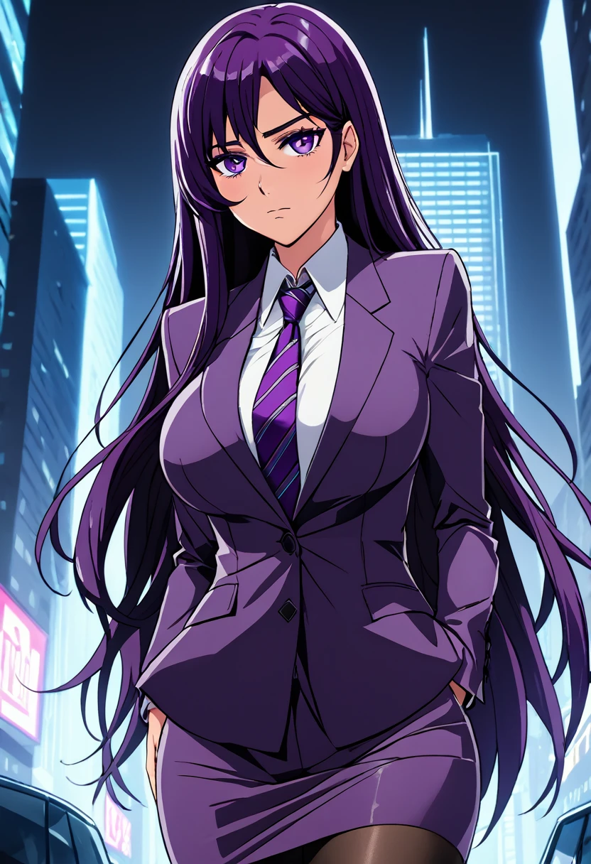 (masterpiece:1.37), best quality, (extremely detailed:1.37), woman, adult, mature, large breasts, (very long hair:1.5), dark purple hair, purple eyes, (extremely detailed eyes:1.37), business suit, necktie, long pencil skirt, pantyhose, (desperation:2.0), (wetting: self 3.0), standing, embarrassed, humiliation, blushing, angry, city, futuristic, neon lighting, high-tech