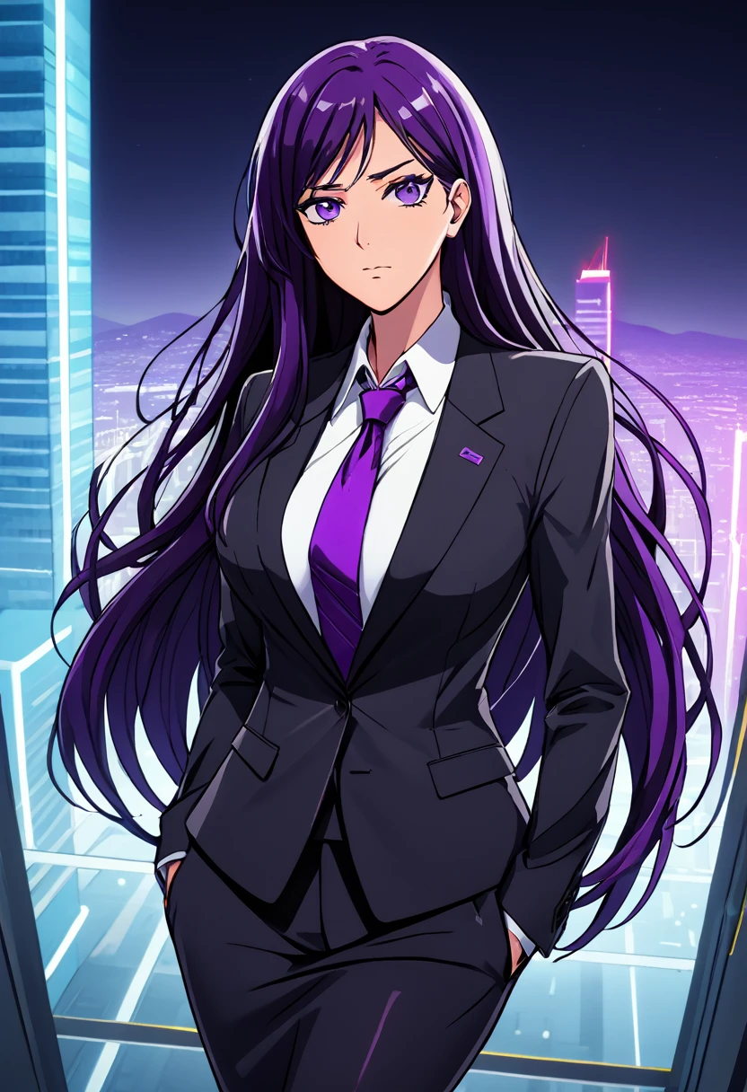 (masterpiece:1.37), best quality, (extremely detailed:1.37), woman, adult, mature, large breasts, (very long hair:1.5), dark purple hair, purple eyes, (extremely detailed eyes:1.37), business suit, necktie, long pencil skirt, pantyhose, (desperation:2.0), (wetting: self 3.0), standing, embarrassed, humiliation, blushing, angry, city, futuristic, neon lighting, high-tech