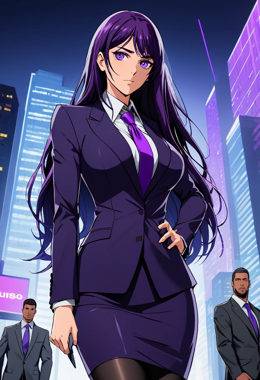 (masterpiece:1.37), best quality, (extremely detailed:1.37), woman, adult, mature, large breasts, (very long hair:1.5), dark purple hair, purple eyes, (extremely detailed eyes:1.37), business suit, necktie, long pencil skirt, pantyhose, (desperation:2.0), (wetting: self 3.0), standing, embarrassed, humiliation, blushing, angry, city, futuristic, neon lighting, high-tech