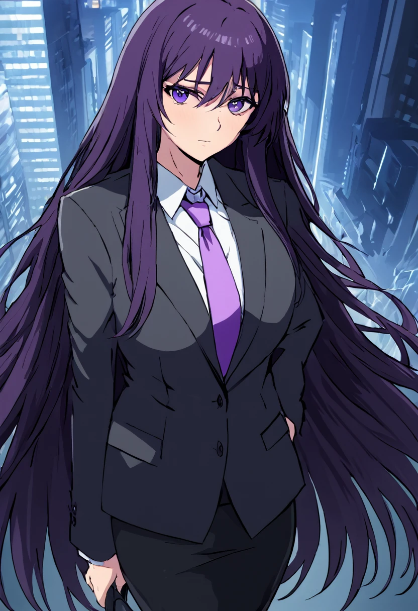 (masterpiece:1.37), best quality, (extremely detailed:1.37), woman, adult, mature, large breasts, (very long hair:1.5), dark purple hair, purple eyes, (extremely detailed eyes:1.37), business suit, necktie, long pencil skirt, pantyhose, (desperation:2.0), (wetting: self 3.0), standing, embarrassed, humiliation, blushing, angry, city, futuristic, neon lighting, high-tech