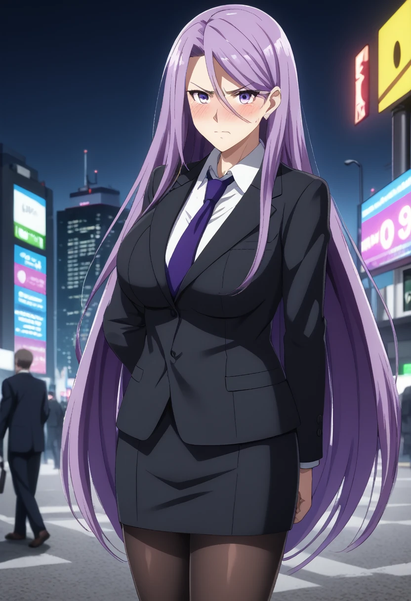 (masterpiece:1.37), best quality, (extremely detailed:1.37), woman, adult, mature, large breasts, (very long hair:1.5), dark purple hair, purple eyes, (extremely detailed eyes:1.37), business suit, necktie, long pencil skirt, pantyhose, (desperation:2.0), (wetting: self 3.0), standing, embarrassed, humiliation, blushing, angry, city, futuristic, neon lighting, high-tech