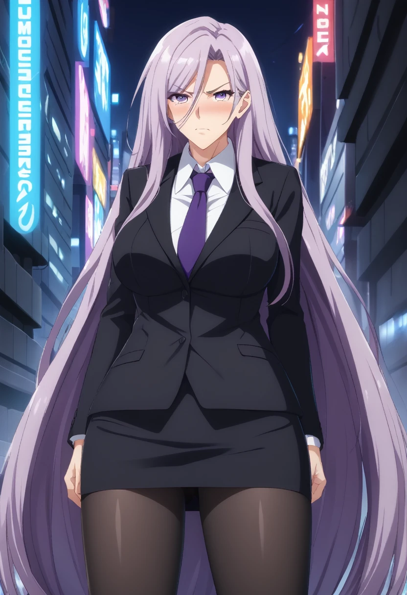 (masterpiece:1.37), best quality, (extremely detailed:1.37), woman, adult, mature, large breasts, (very long hair:1.5), dark purple hair, purple eyes, (extremely detailed eyes:1.37), business suit, necktie, long pencil skirt, pantyhose, (desperation:2.0), (wetting: self 3.0), standing, embarrassed, humiliation, blushing, angry, city, futuristic, neon lighting, high-tech