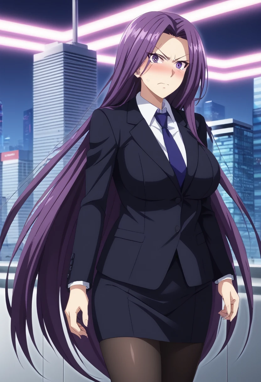 (masterpiece:1.37), best quality, (extremely detailed:1.37), woman, adult, mature, large breasts, (very long hair:1.5), dark purple hair, purple eyes, (extremely detailed eyes:1.37), business suit, necktie, long pencil skirt, pantyhose, (desperation:2.0), (wetting: self 3.0), standing, embarrassed, humiliation, blushing, angry, city, futuristic, neon lighting, high-tech