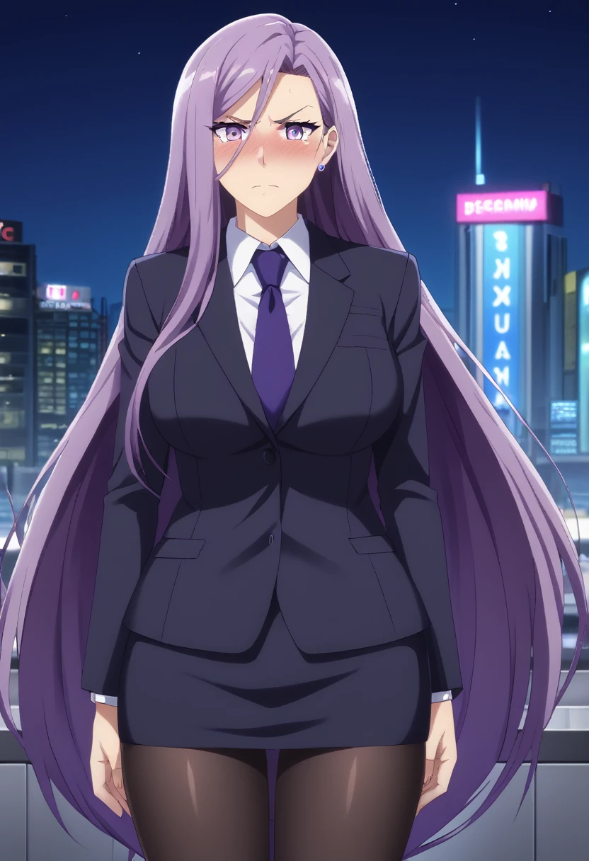 (masterpiece:1.37), best quality, (extremely detailed:1.37), woman, adult, mature, large breasts, (very long hair:1.5), dark purple hair, purple eyes, (extremely detailed eyes:1.37), business suit, necktie, long pencil skirt, pantyhose, (desperation:2.0), (wetting: self 3.0), standing, embarrassed, humiliation, blushing, angry, city, futuristic, neon lighting, high-tech