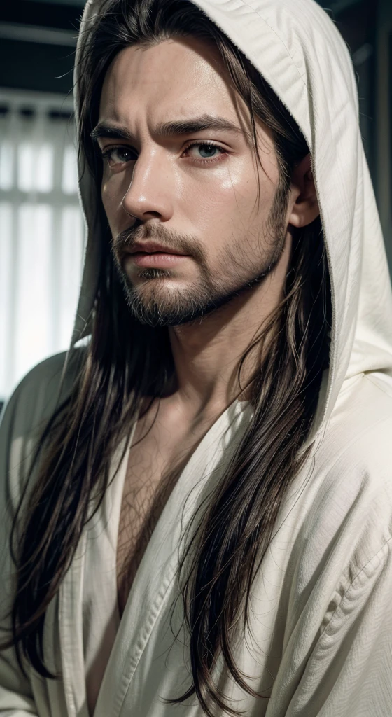 (symetry),centred,a ((Close  up)) above portrait,(jesus),a very thin white man, with long hair and beard,wearing a long white robe,35mm,skin natural,clothing detail, 8K texture, 8K, insane details, intricate details, hyperdetailedhighy detailed,realisitic,soft cinematic light,hdr,sharp focus, ((((cinematic appearance)))),intricate, chic, highy detailed