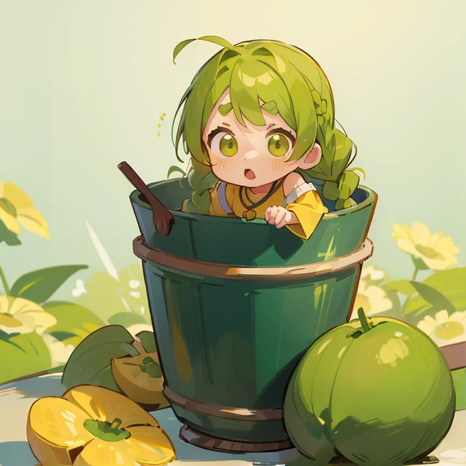 (masterpiece, Highest quality:1.2), (2 head body chibi character:1.1), Yellow-green hair, Braided Hair, Yellow-green eyes, Yellow off-shoulder blouse, Denim shorts, Short bangs, Thick eyebrows, Edamame Necklace, Quiet atmosphere, Surprised face, View your viewers, (Photo studio with a plain white background:1.0)