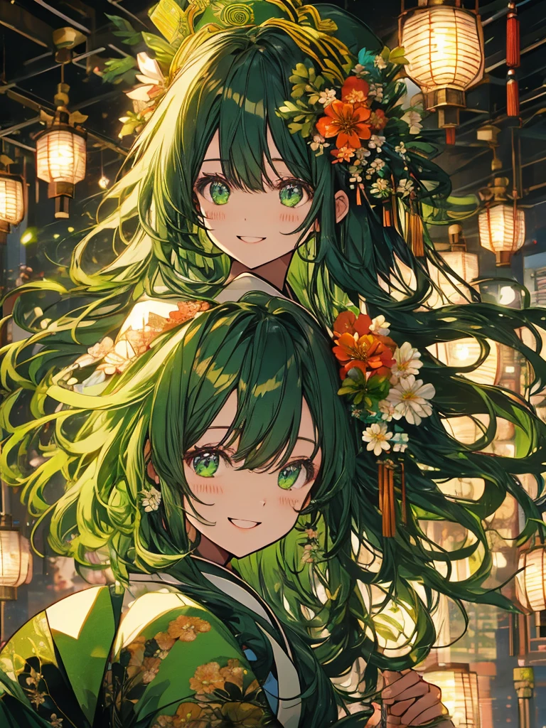 green、kimono、kimono、new year、Flower Hair Ornaments、Laughter、smile、greenの目
