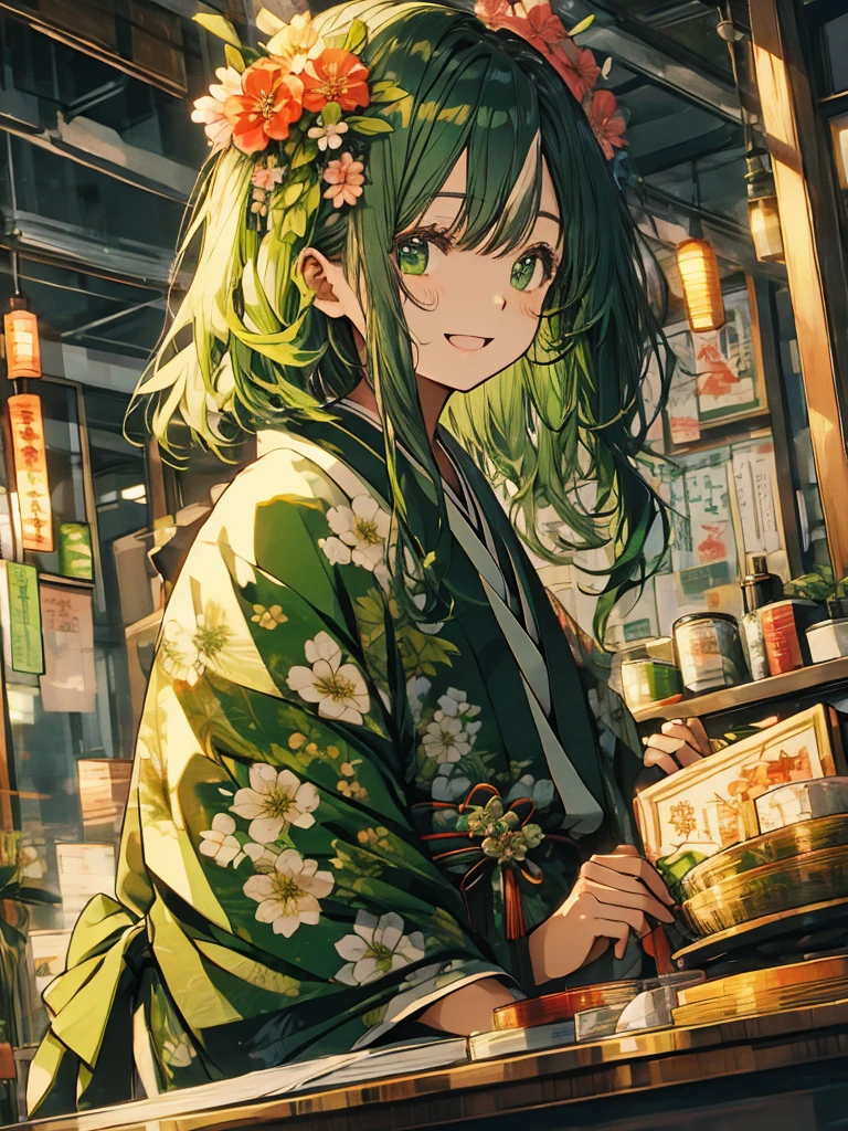 green、kimono、kimono、new year、Flower Hair Ornaments、Laughter、smile、greenの目