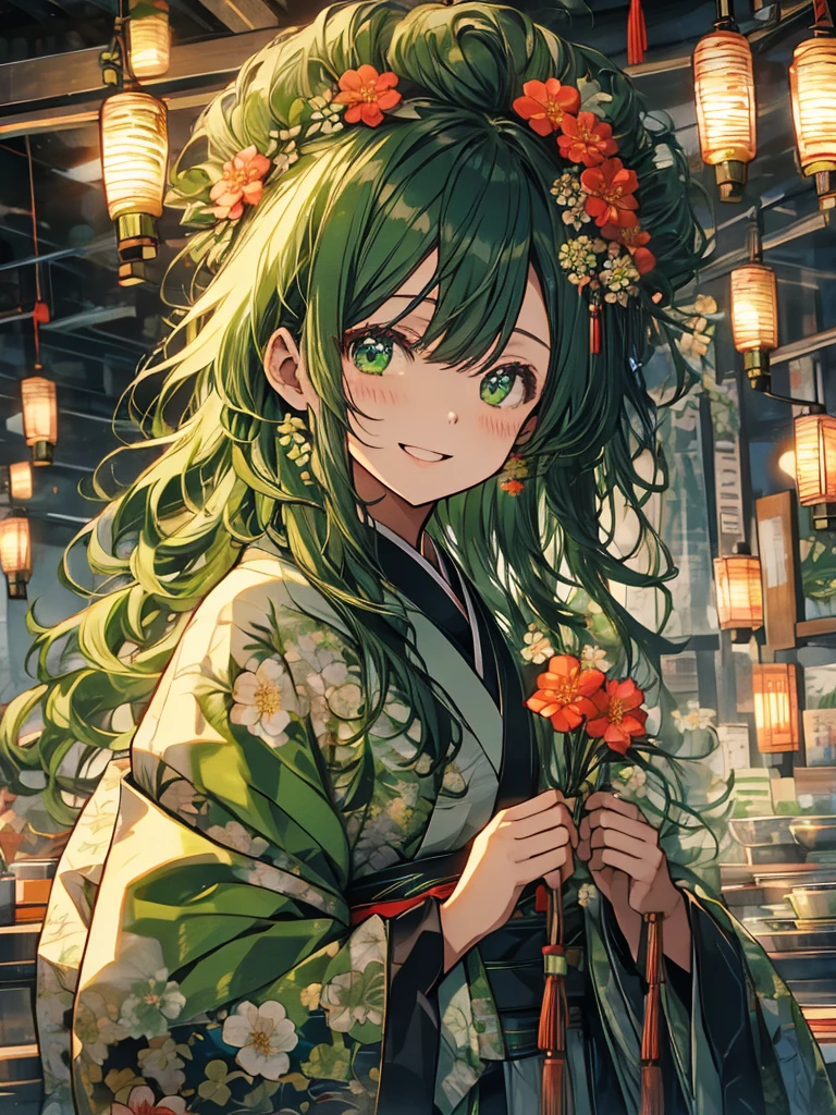 green、kimono、kimono、new year、Flower Hair Ornaments、Laughter、smile、greenの目