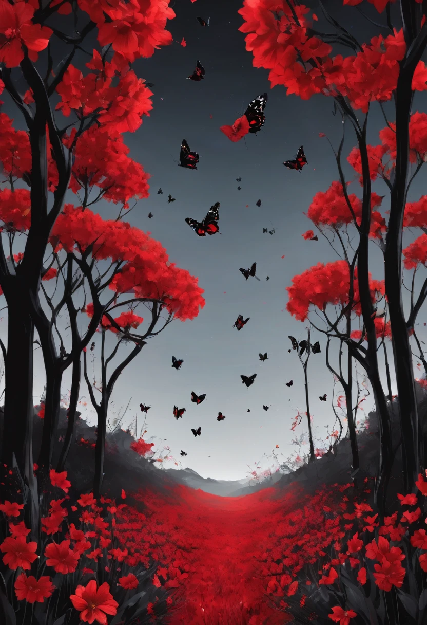 The background is a field of obscure black flowers with black butterflies, the sky is red.