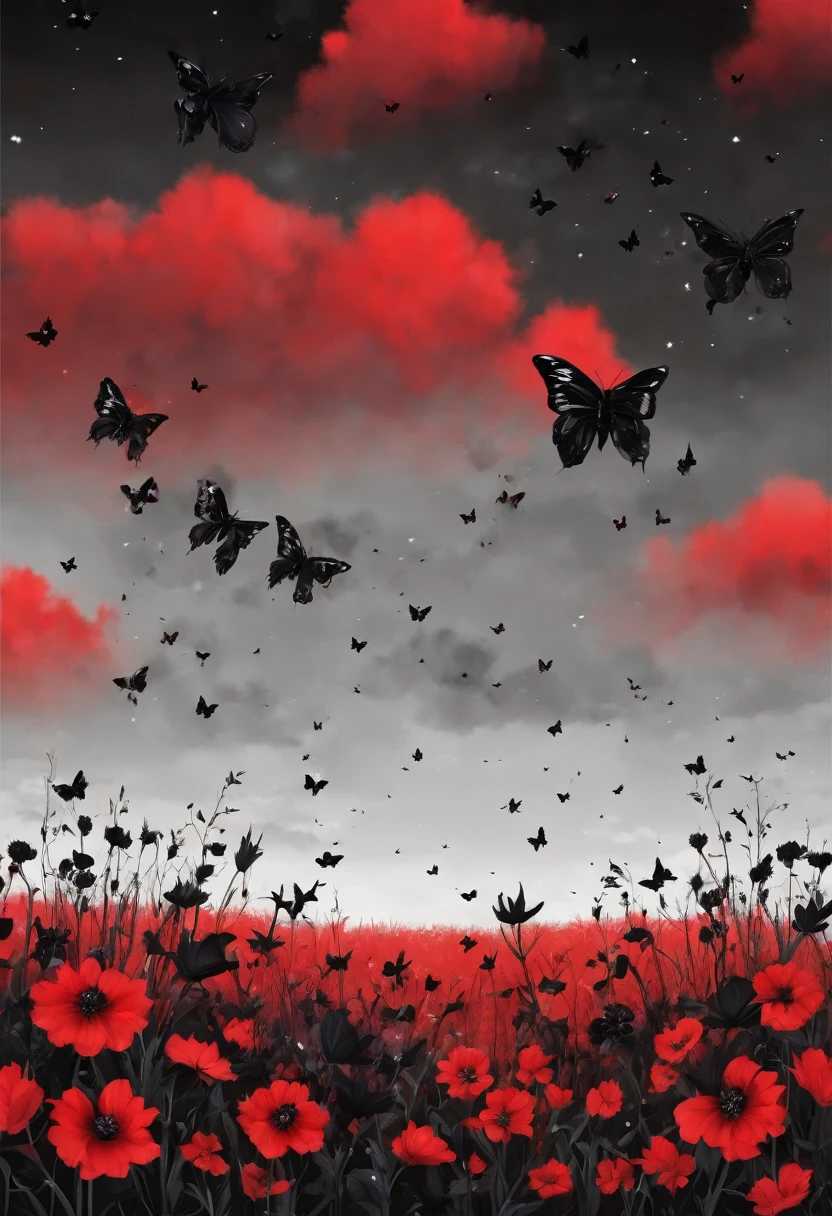 The background is a field of obscure black flowers with black butterflies, the sky is red.