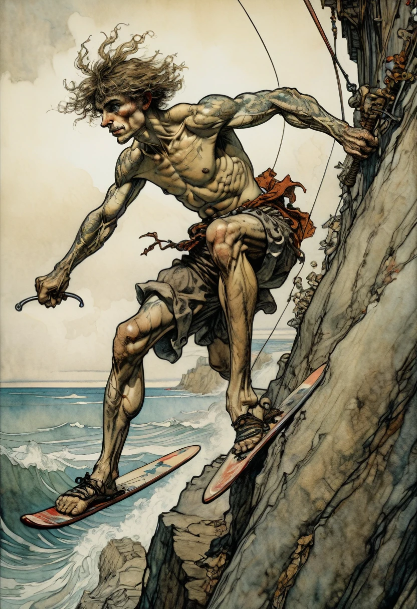 Athlete, extreme sport, by Arthur Rackham, full body, cinematic still, cinemascope, best quality, masterpiece, very aesthetic, perfect composition, intricate details, ultra-detailed, vivid colors