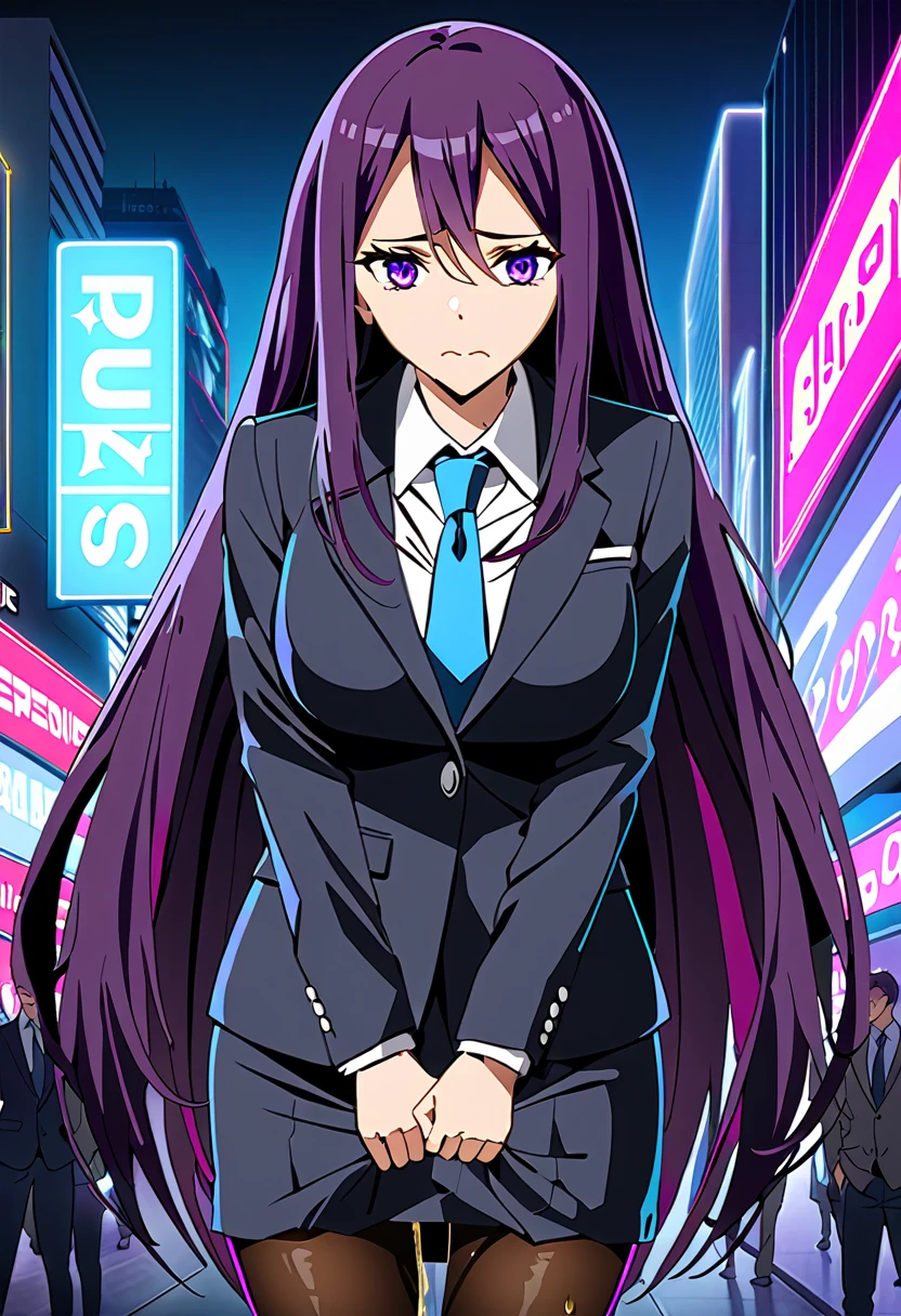 (masterpiece:1.37), best quality, (extremely detailed:1.37), woman, adult, mature, large breasts, (very long hair:1.5), dark purple hair, purple eyes, (extremely detailed eyes:1.37), business suit, necktie, long pencil skirt, pantyhose, (desperation:2.0), (wetting: self 3.0), standing, embarrassed, humiliation, blushing, angry, city, futuristic, neon lighting, high-tech