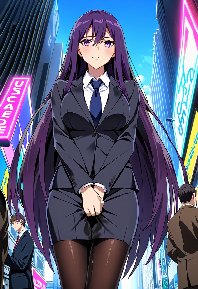 (masterpiece:1.37), best quality, (extremely detailed:1.37), woman, adult, mature, large breasts, (very long hair:1.5), dark purple hair, purple eyes, (extremely detailed eyes:1.37), business suit, necktie, long pencil skirt, pantyhose, (desperation:2.0), (wetting: self 3.0), standing, embarrassed, humiliation, blushing, angry, city, futuristic, neon lighting, high-tech