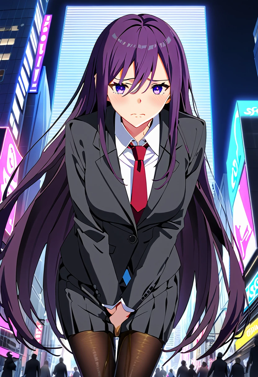 (masterpiece:1.37), best quality, (extremely detailed:1.37), woman, adult, mature, large breasts, (very long hair:1.5), dark purple hair, purple eyes, (extremely detailed eyes:1.37), business suit, necktie, long pencil skirt, pantyhose, (desperation:2.0), (wetting: self 3.0), standing, embarrassed, humiliation, blushing, angry, city, futuristic, neon lighting, high-tech