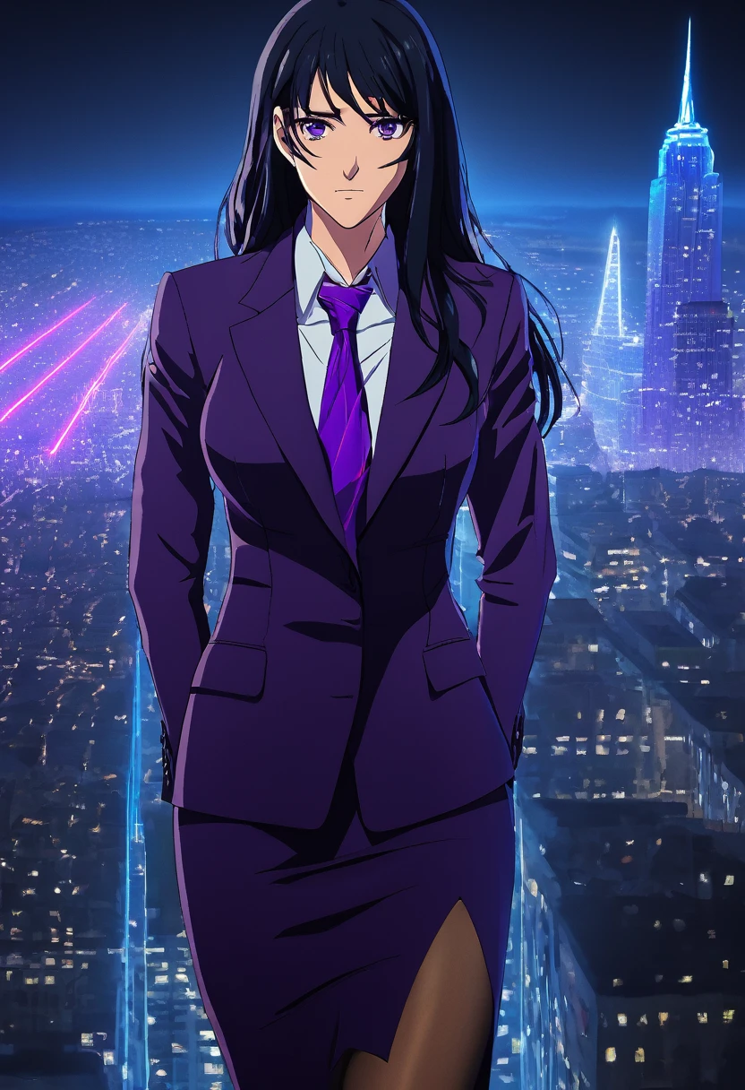 (masterpiece:1.37), best quality, (extremely detailed:1.37), woman, adult, mature, large breasts, (very long hair:1.5), dark purple hair, purple eyes, (extremely detailed eyes:1.37), business suit, necktie, long pencil skirt, pantyhose, (desperation:2.0), (wetting: self 3.0), standing, embarrassed, humiliation, blushing, angry, city, futuristic, neon lighting, high-tech