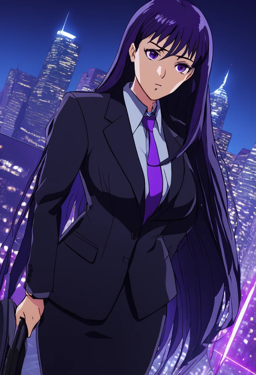 (masterpiece:1.37), best quality, (extremely detailed:1.37), woman, adult, mature, large breasts, (very long hair:1.5), dark purple hair, purple eyes, (extremely detailed eyes:1.37), business suit, necktie, long pencil skirt, pantyhose, (desperation:2.0), (wetting: self 3.0), standing, embarrassed, humiliation, blushing, angry, city, futuristic, neon lighting, high-tech