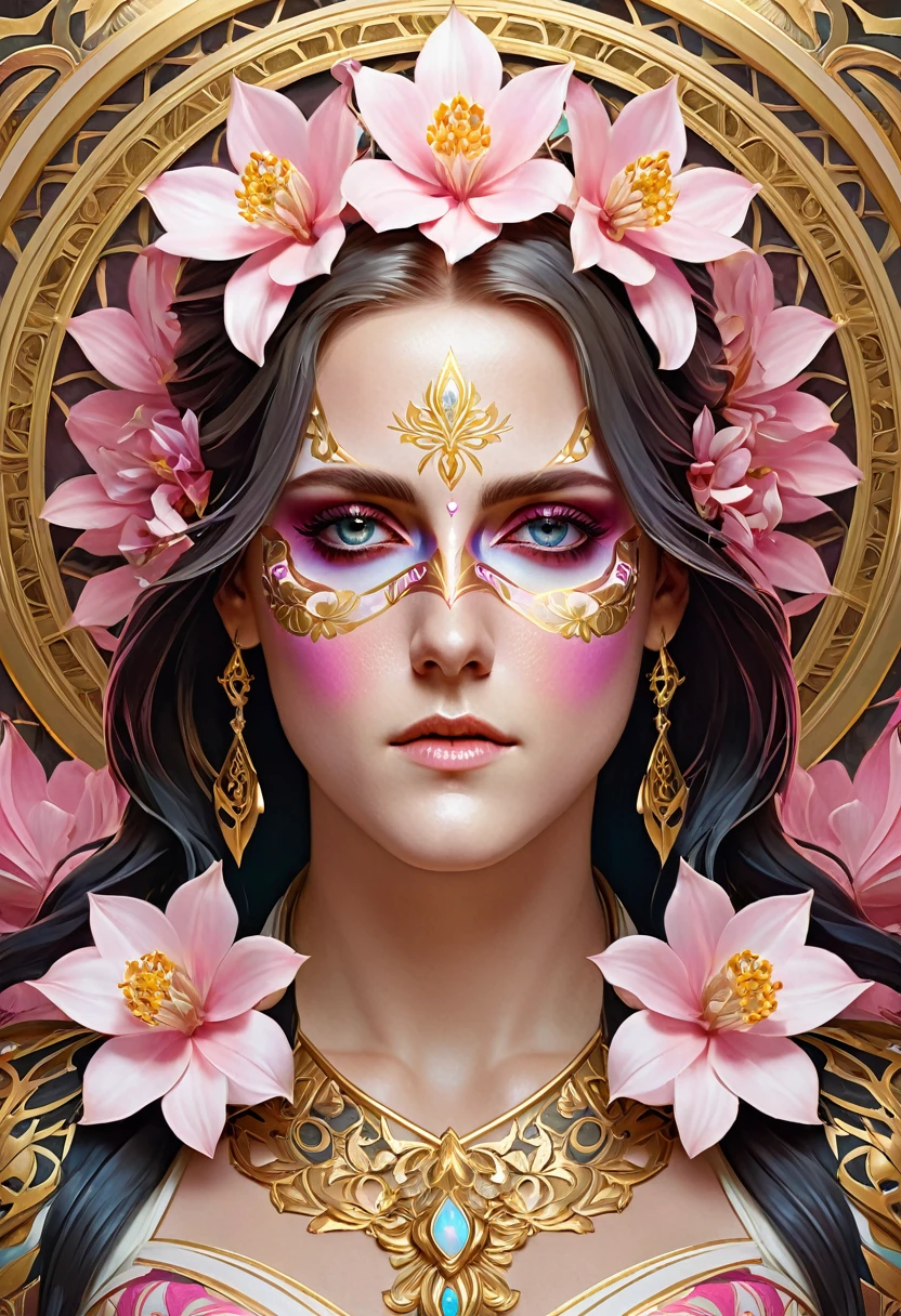 Looks like Kirsten Stewart, (symmetry:1.1) (portrait of floral:1.05) a woman as a beautiful goddess, (assassins creed style:0.8), pink and gold and opal color scheme, beautiful intricate filegrid facepaint, intricate, elegant, highly detailed, digital painting, artstation, concept art, smooth, sharp focus, illustration, art by greg rutkowski and alphonse mucha, 8k