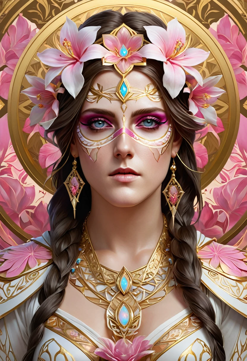 Looks like Kirsten Stewart, (symmetry:1.1) (portrait of floral:1.05) a woman as a beautiful goddess, (assassins creed style:0.8), pink and gold and opal color scheme, beautiful intricate filegrid facepaint, intricate, elegant, highly detailed, digital painting, artstation, concept art, smooth, sharp focus, illustration, art by greg rutkowski and alphonse mucha, 8k