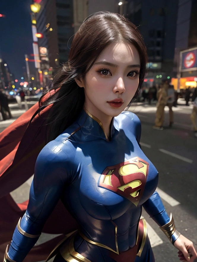 a close up of a asia woman in a superman costume standing on a cityscape, amouranth as a super villain, super photo realistic, realistic cosplay, super photo-realistic, ultra mega super hyper realistic, super-hero girl, super realistic photo, superhero body, highly detailed giantess shot, supergirl, superhero, superhero portrait, super model, super hero, super photorealistic, gigantic breasts, showing Vulvas muscular body, sexy body,
