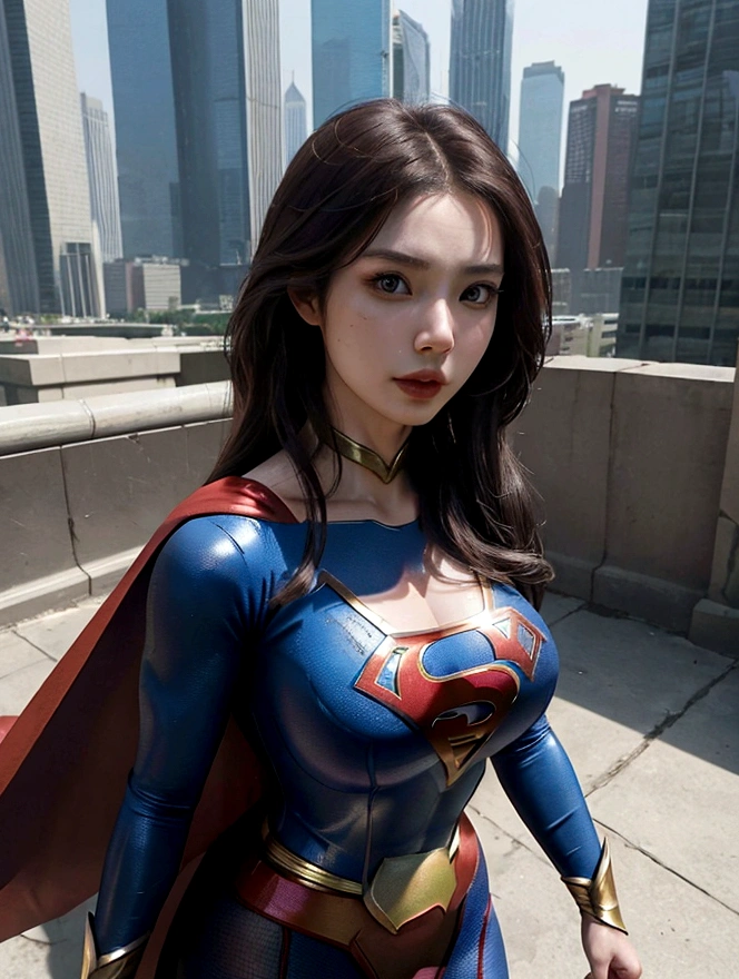 a close up of a asia woman in a superman costume standing on a cityscape, amouranth as a super villain, super photo realistic, realistic cosplay, super photo-realistic, ultra mega super hyper realistic, super-hero girl, super realistic photo, superhero body, highly detailed giantess shot, supergirl, superhero, superhero portrait, super model, super hero, super photorealistic, gigantic breasts, showing Vulvas muscular body, sexy body,
